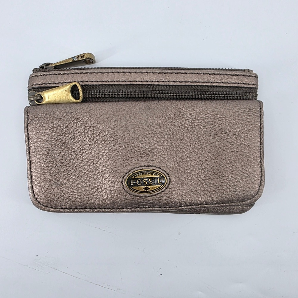 Fossil Explorer Metallic Bronze Pebbled Leather Bifold Wallet Window Zip Pocket